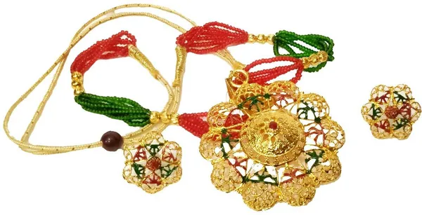 Assamese_Traditional_Gold_Plated_Red_Green_Colour_Tassel_Jewellery_Set_For_Women